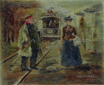 auf dem Bahnsteig des Bahnhofs Straßenszene mit einem zurückweichenden Wagen Ilya Repin Ölgemälde